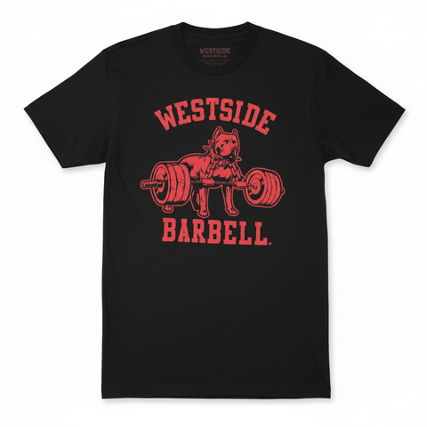 Black t-shirt with red 'Westside Barbell' graphic on a white background