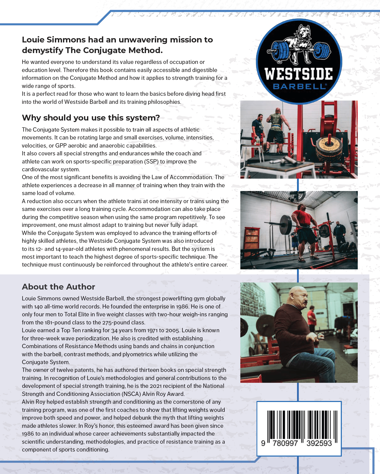 Back cover: 'Back cover of The Conjugate Method by Louie Simmons, paperback edition Westside Barbell training system